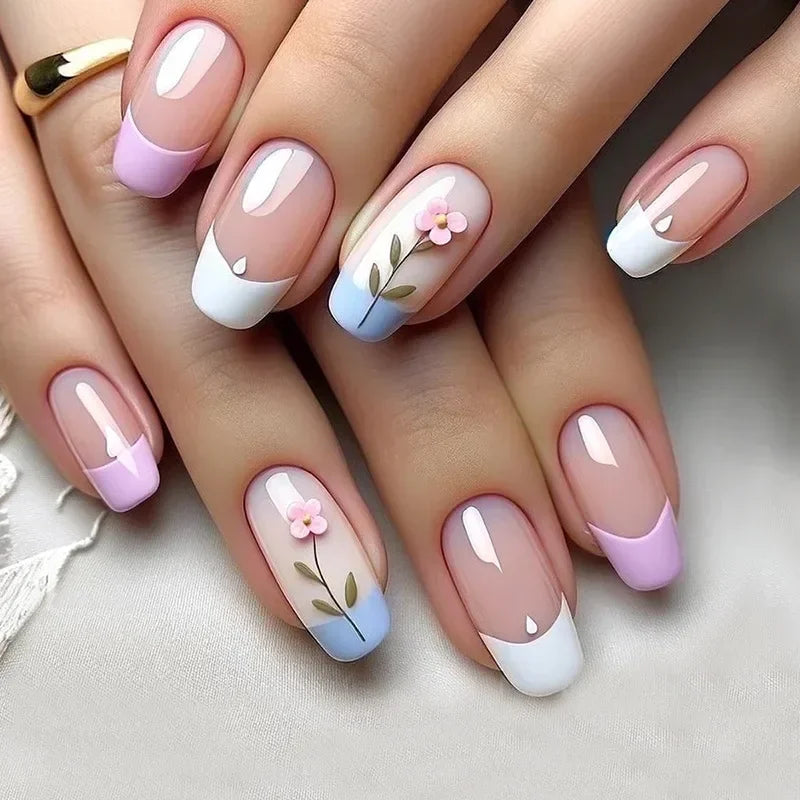 24Pcs Mini Flower Press on Nails Short Square False Nail Gradient Glitter Floral Fake Nail French Nails Press Ons Sweet Nail Art