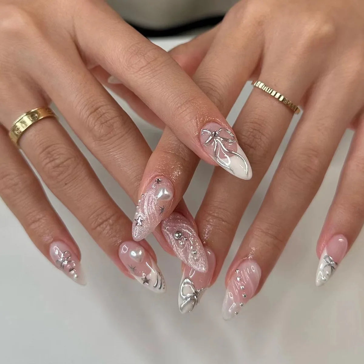24pcs Baroque Style False Nails with Gold Moon Star Design Almond Fake Nail Patches Wearable Heavy Metal French Press on Nails