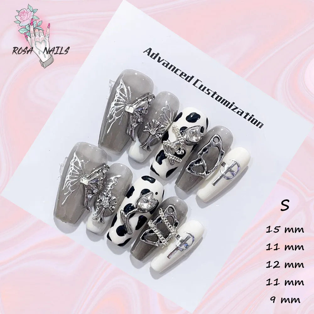 New Silver Star Press on Nails with Glue Handmade Flash Rhinestone Reusable Artificial Fake Tips Diamond Black Short False Nails