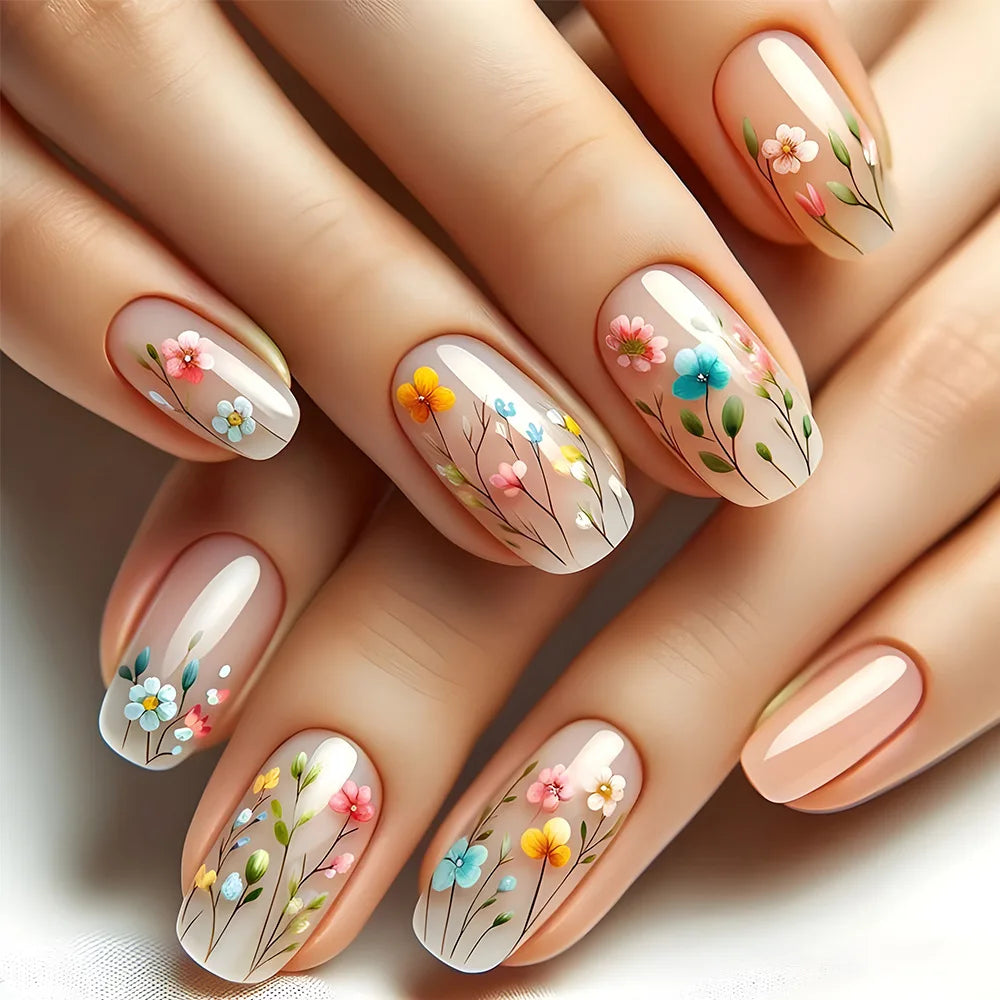 24Pcs Mini Flower Press on Nails Short Square False Nail Gradient Glitter Floral Fake Nail French Nails Press Ons Sweet Nail Art