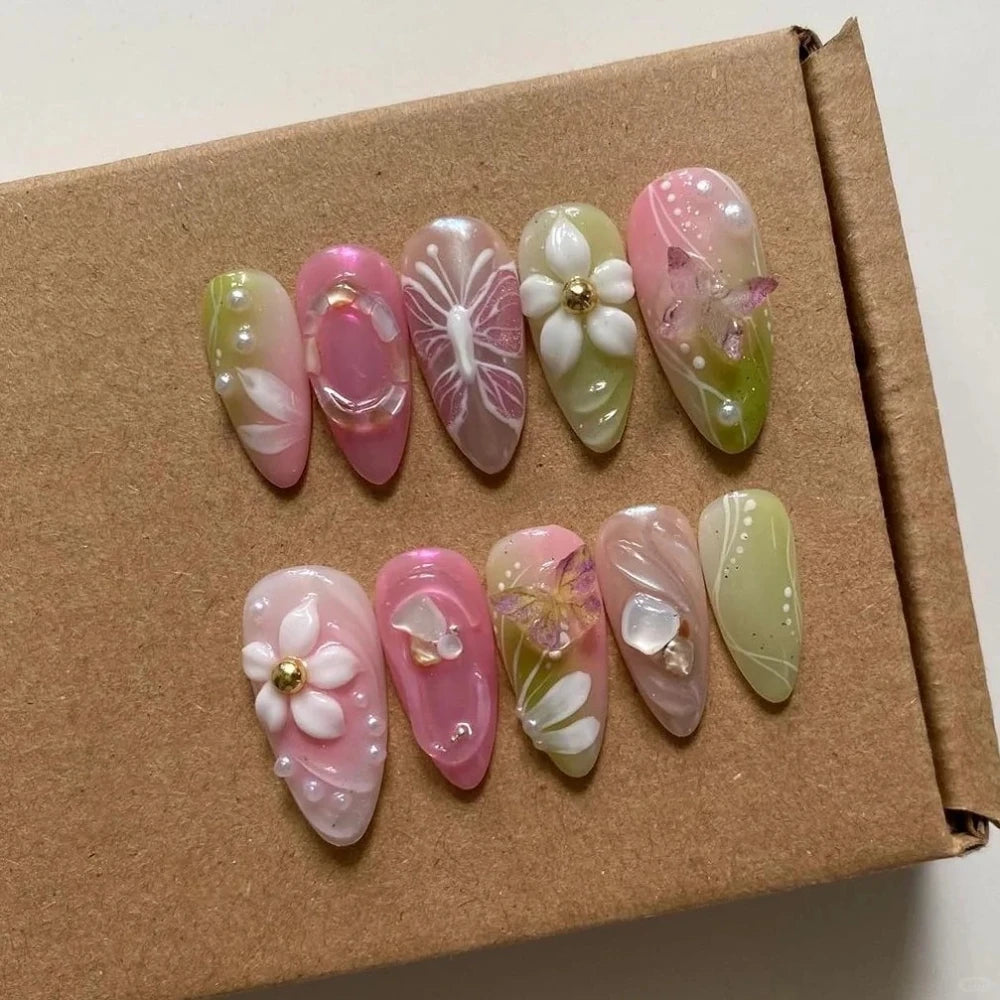 10Pcs Manicure Handmade Art Acyrlic Press on Nails Medium Almond  Pattern ABS Nails Cute 3D Flower Style Design Nail with Set