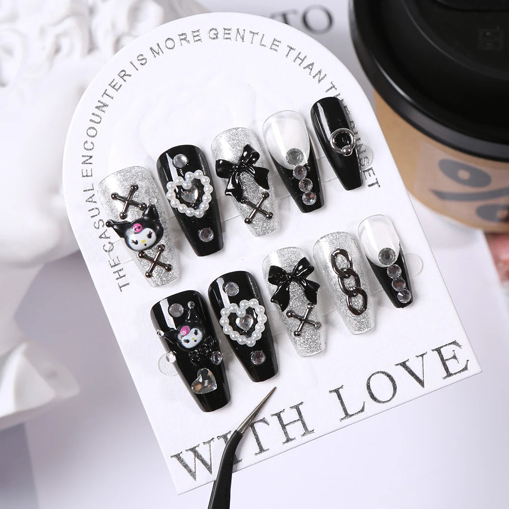 24Pcs Sanrio Blue Cinnamoroll Fake Nails Cute Anime Cartoon Kuromi My Melody press on False nails Fashion Nail Patches for Girls