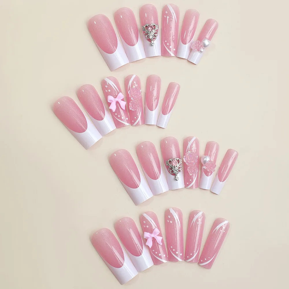 Press on Nails Long Ballet Nails Fashion Valentine's Day Rhinestone Wearable Fake Nails Manicure Tool Full Cover False Nail