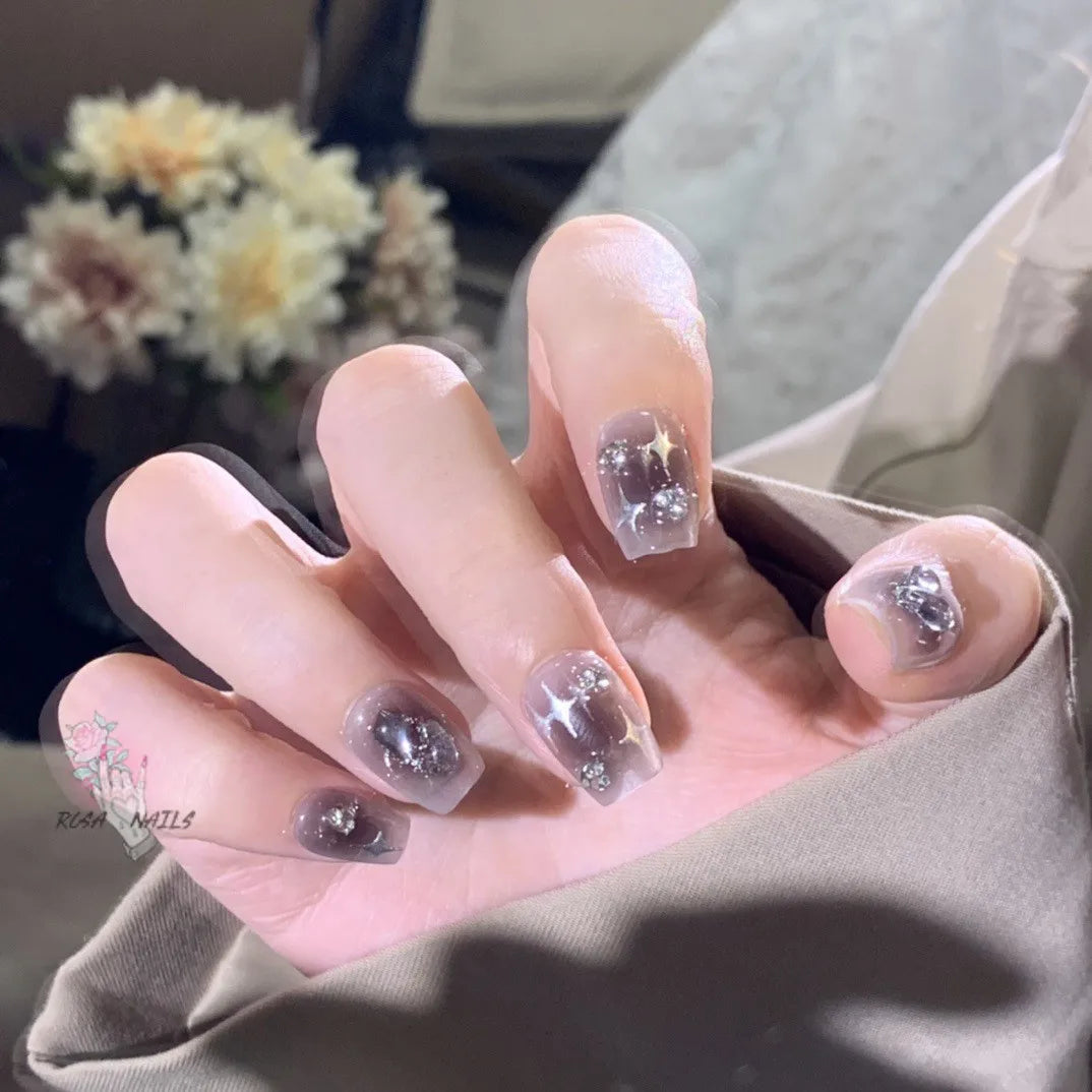 New Silver Star Press on Nails with Glue Handmade Flash Rhinestone Reusable Artificial Fake Tips Diamond Black Short False Nails