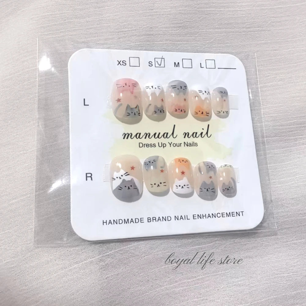 10pcs Kitty Graffiti Fake nails Nail tips Press on nails Soft gel tips nail Short nail False nails Half handmade nail art
