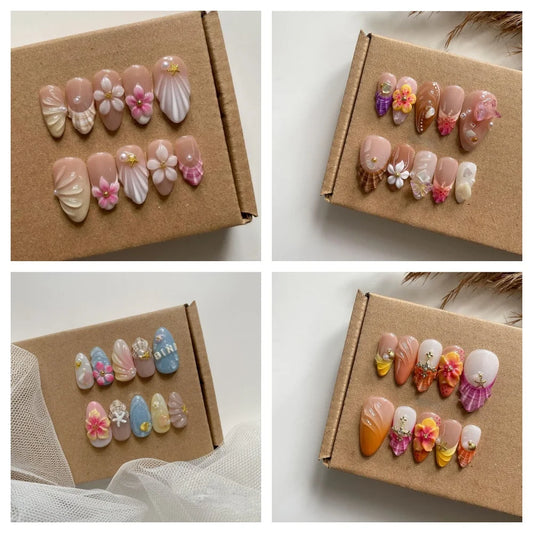 10Pcs Manicure Handmade Art Acyrlic Press on Nails Medium Almond  Pattern ABS Nails Cute 3D Flower Style Design Nail with Set