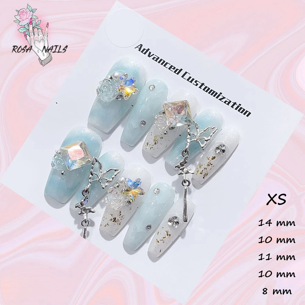 New Silver Star Press on Nails with Glue Handmade Flash Rhinestone Reusable Artificial Fake Tips Diamond Black Short False Nails
