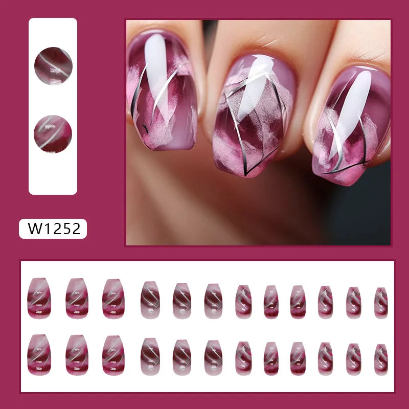 24pcs Short Round False Nails French Blue Sparkling Pearl White Wavy Love Heart Full Cover Detachable Press On Nail Tips