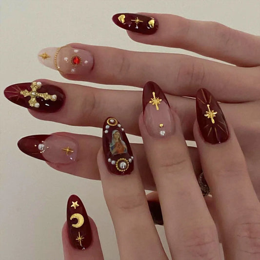 24pcs Baroque Style False Nails with Gold Moon Star Design Almond Fake Nail Patches Wearable Heavy Metal French Press on Nails