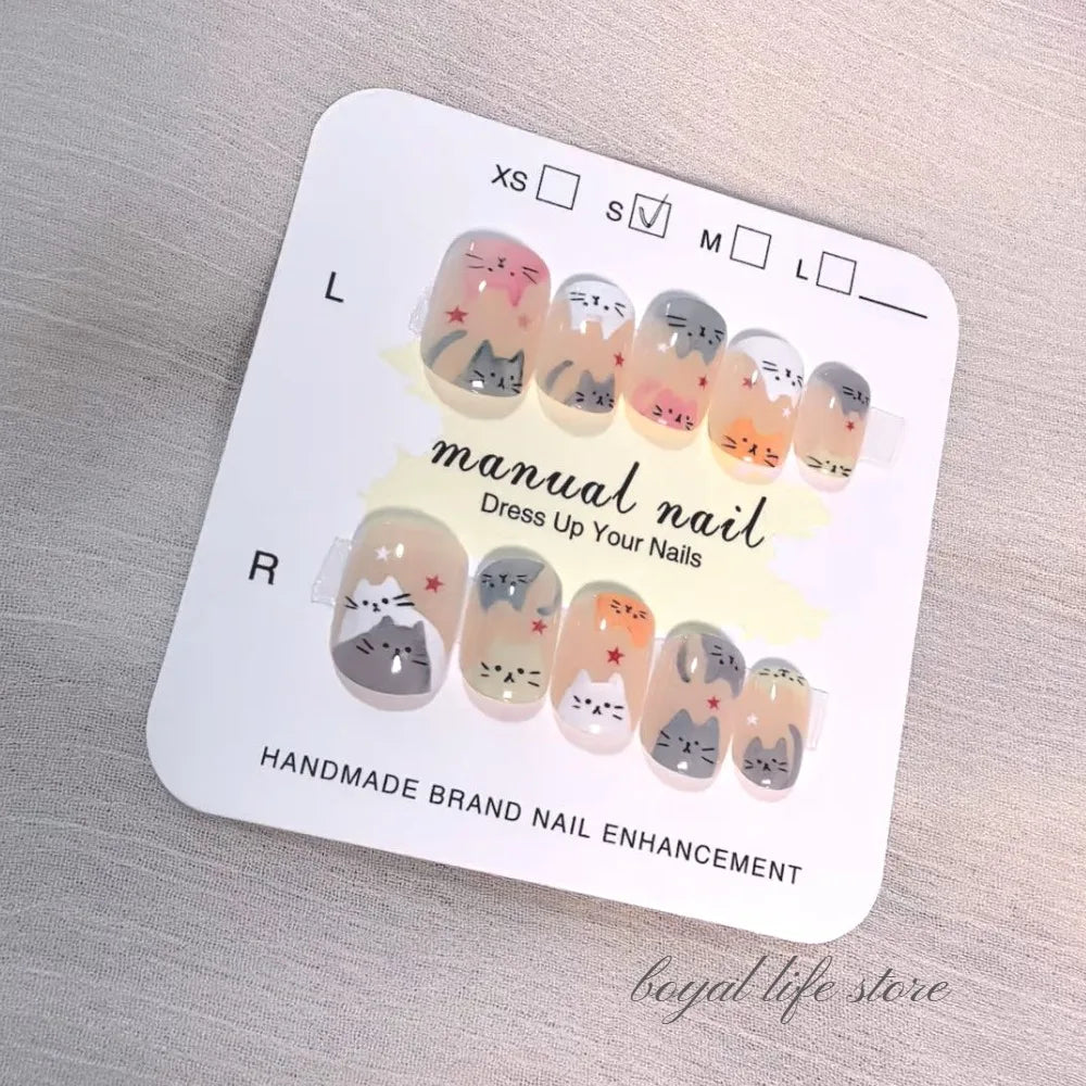 10pcs Kitty Graffiti Fake nails Nail tips Press on nails Soft gel tips nail Short nail False nails Half handmade nail art