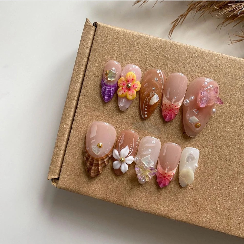 10Pcs Manicure Handmade Art Acyrlic Press on Nails Medium Almond  Pattern ABS Nails Cute 3D Flower Style Design Nail with Set