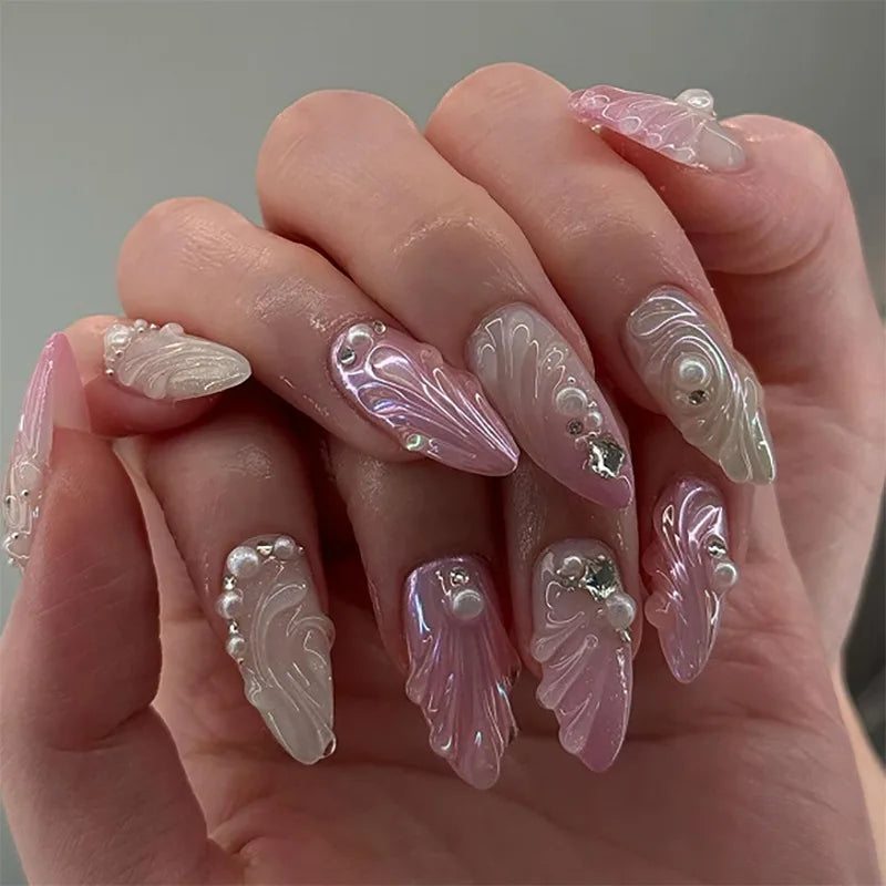 24pcs Baroque Style False Nails with Gold Moon Star Design Almond Fake Nail Patches Wearable Heavy Metal French Press on Nails