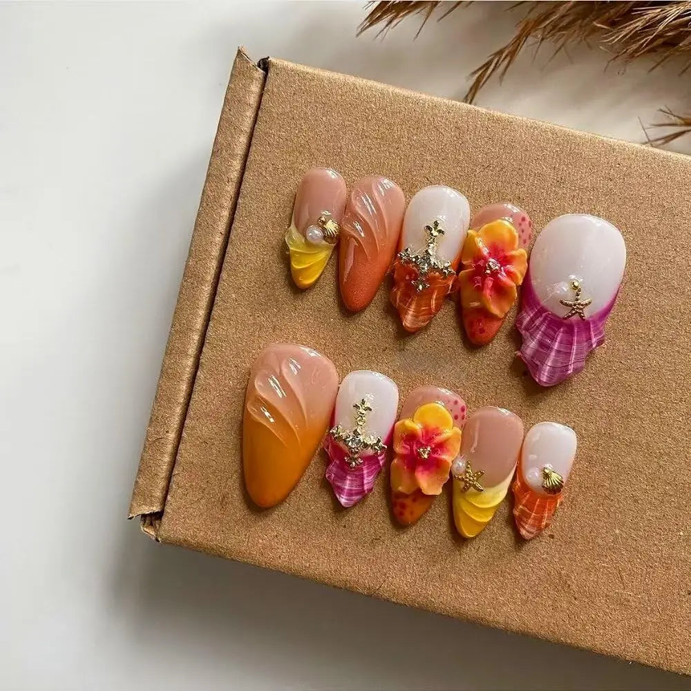 10Pcs Manicure Handmade Art Acyrlic Press on Nails Medium Almond  Pattern ABS Nails Cute 3D Flower Style Design Nail with Set