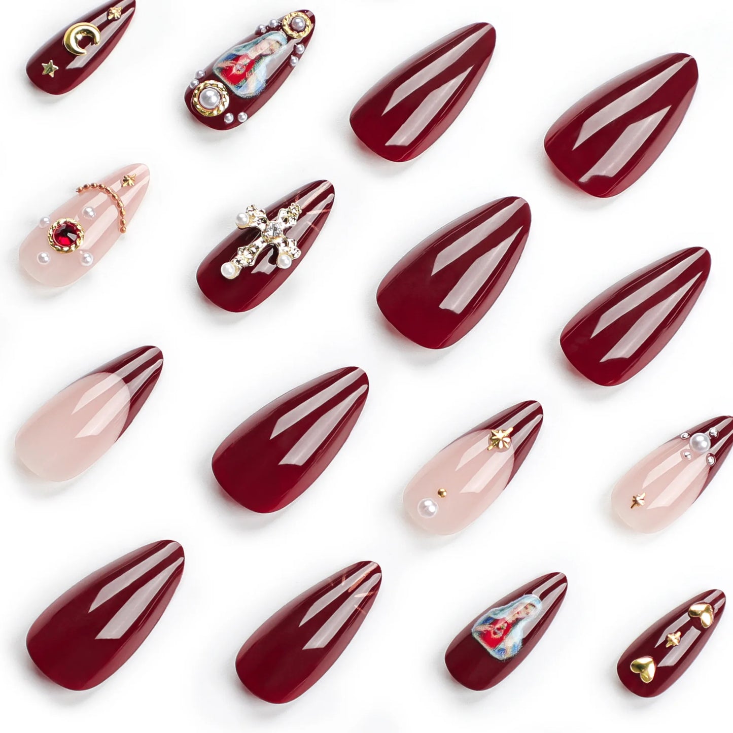 24pcs Baroque Style False Nails with Gold Moon Star Design Almond Fake Nail Patches Wearable Heavy Metal French Press on Nails