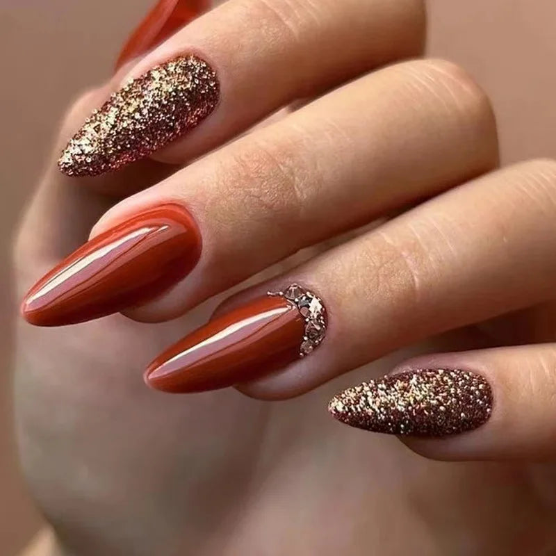 24Pcs Mid-length False Nails with Almond Head Design Brown Gold Lines Fake Nails Oval Wearable French Press on Nail Tips