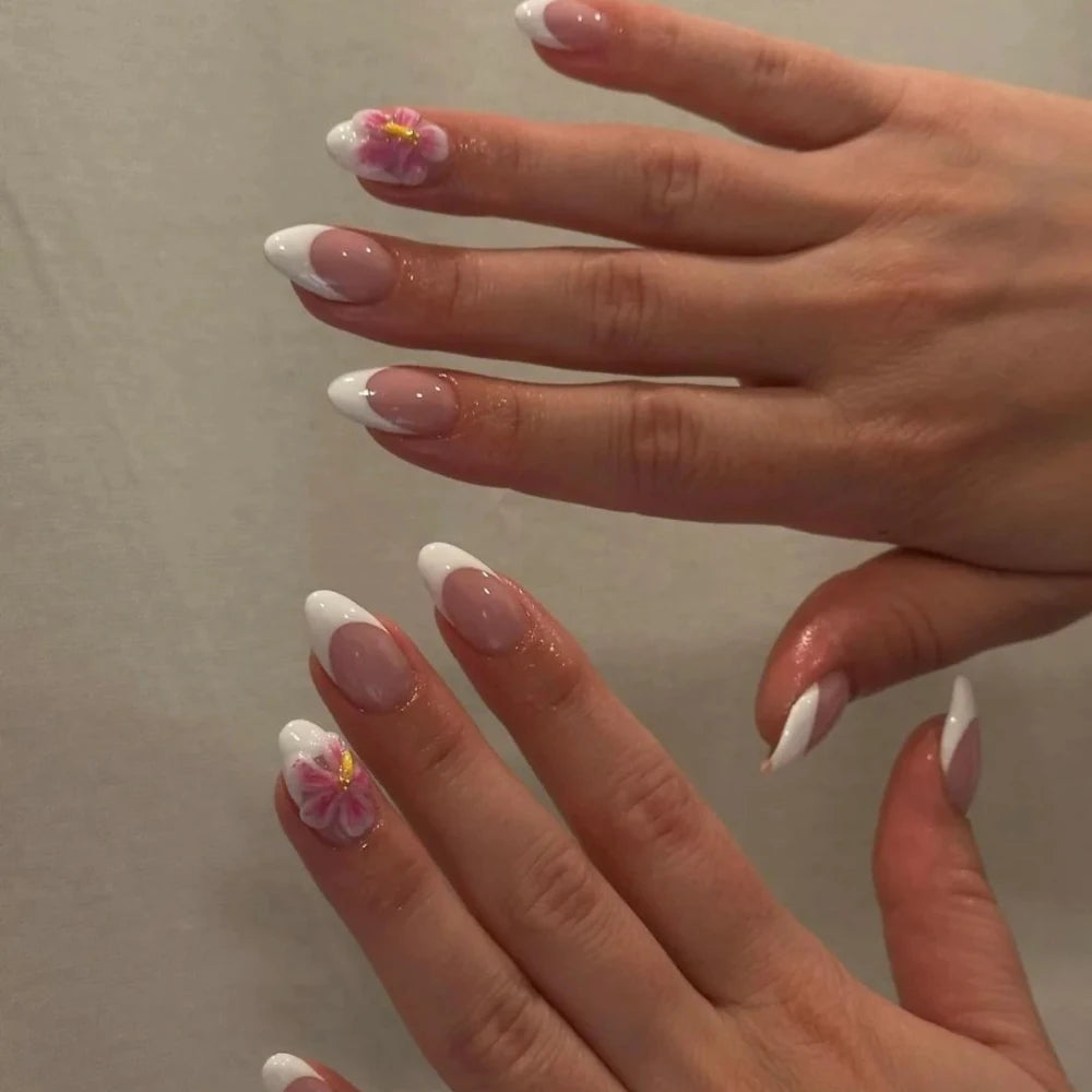 10Pcs Manicure Handmade Art Acyrlic Press on Nails Medium Almond  Pattern ABS Nails Cute 3D Flower Style Design Nail with Set