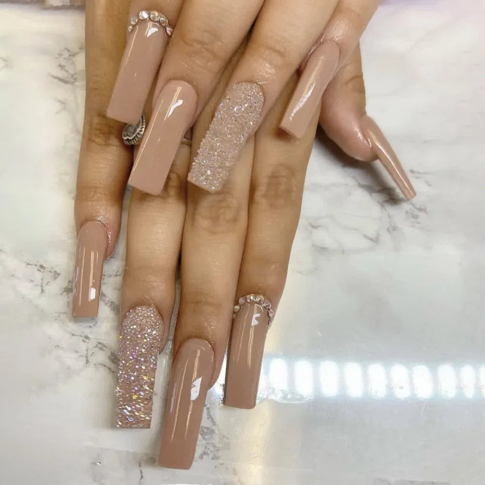 Press on Nails Long Ballet Nails Fashion Valentine's Day Rhinestone Wearable Fake Nails Manicure Tool Full Cover False Nail