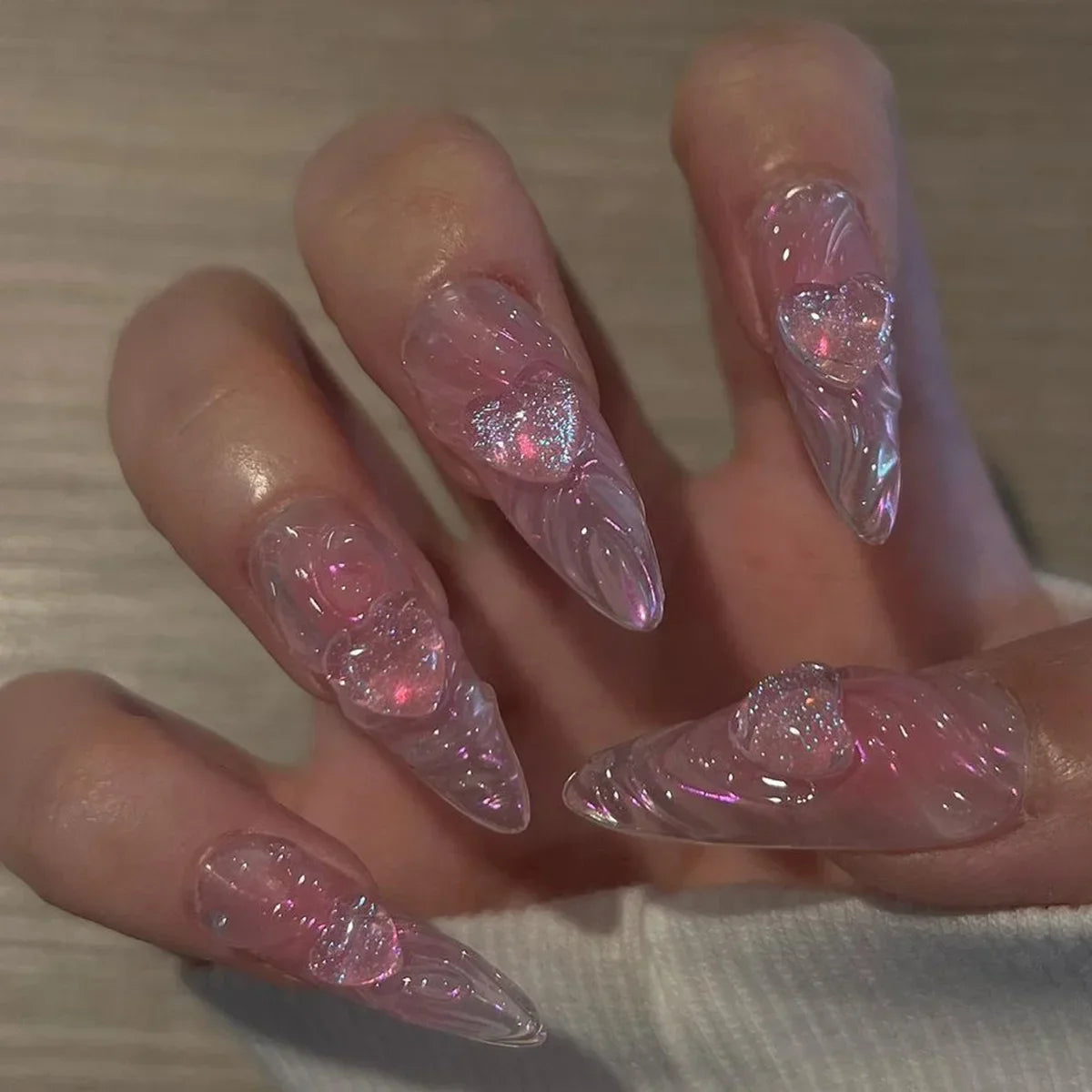 24Pcs Pink Cloud Sweet Star Moon Acrylic Nails Press on Almond Wearable Full Cover False Nails Art Tips Fingernail Beauty