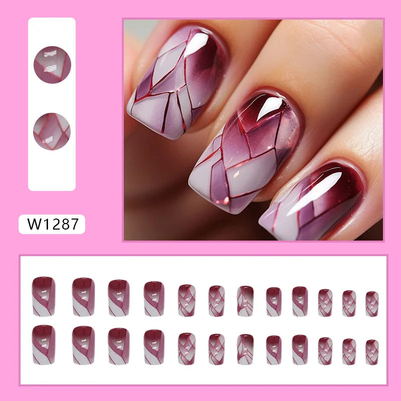 24pcs Short Round False Nails French Blue Sparkling Pearl White Wavy Love Heart Full Cover Detachable Press On Nail Tips