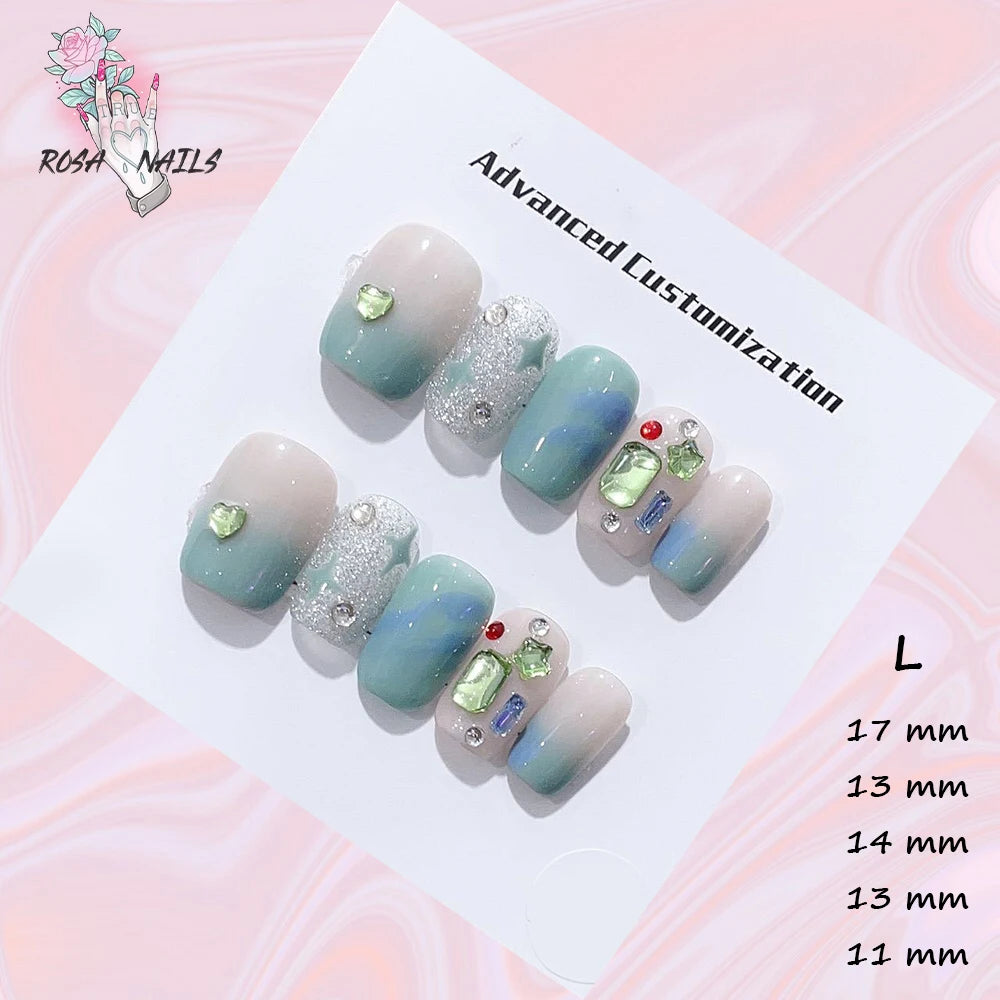 New Silver Star Press on Nails with Glue Handmade Flash Rhinestone Reusable Artificial Fake Tips Diamond Black Short False Nails