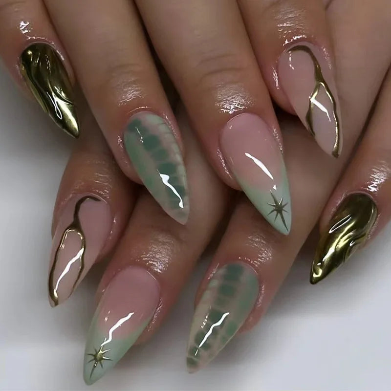 24Pcs Simple Dark Green Long 3D Press on Almond False Nails Wearable Finished Fingernails Nail Art