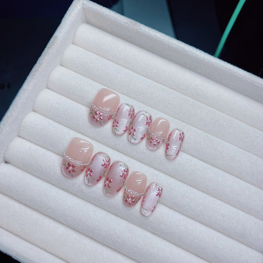 10Pcs/Set Press On Acyrlic Ice Cat's Eye Handmade Fake Nails Short/Medium Almond 3D Mirror Flower Pearls Decor Nude French Nails