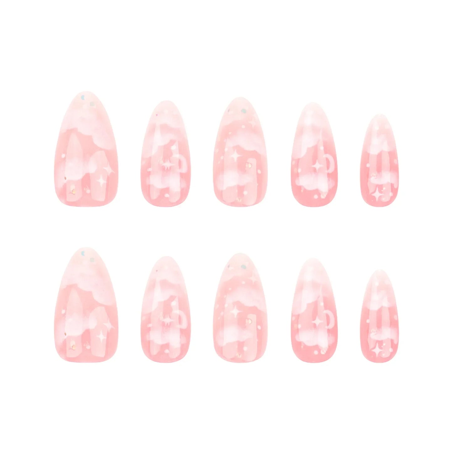24Pcs Pink Cloud Sweet Star Moon Acrylic Nails Press on Almond Wearable Full Cover False Nails Art Tips Fingernail Beauty