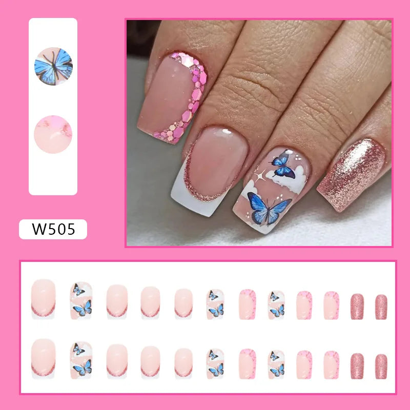 New Butterfly Pattern False Nails Wholesale Square Head Nails Full Cover Nail Tips Detachable Fake Nails Press on Nails Manicure