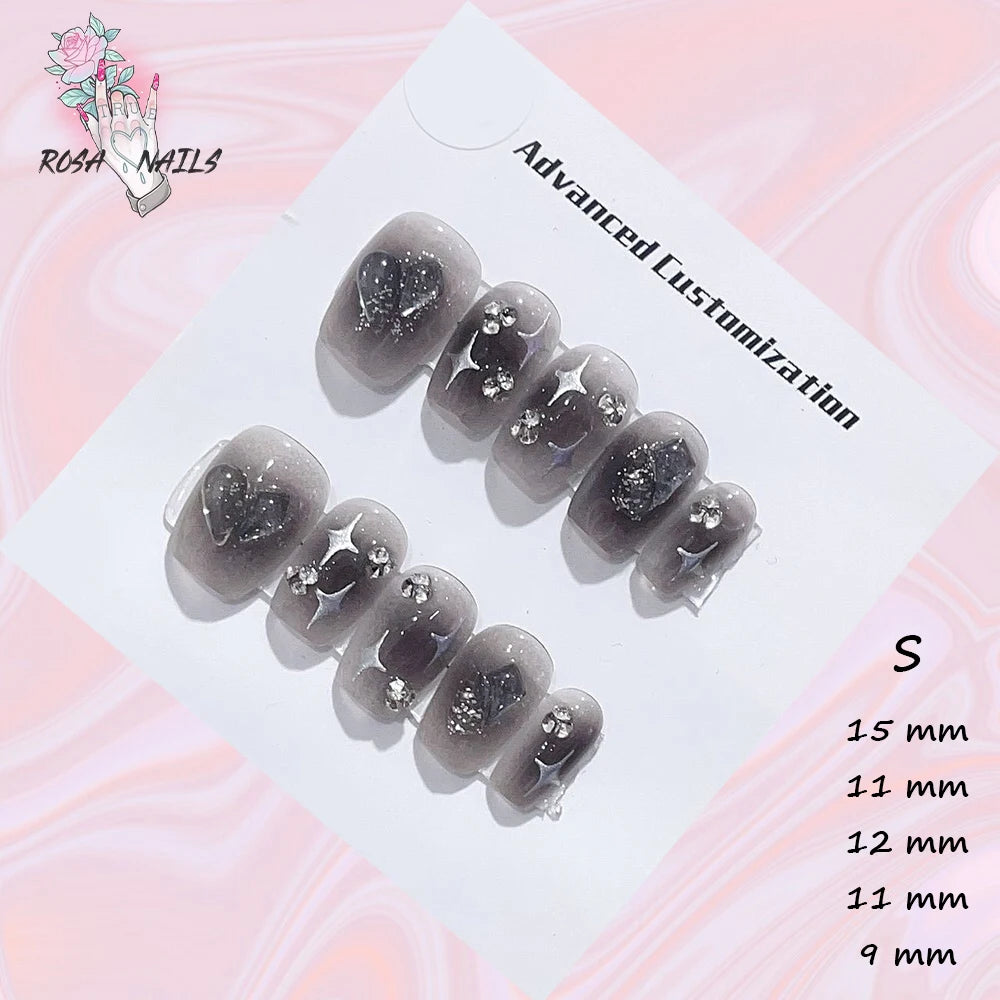 New Silver Star Press on Nails with Glue Handmade Flash Rhinestone Reusable Artificial Fake Tips Diamond Black Short False Nails