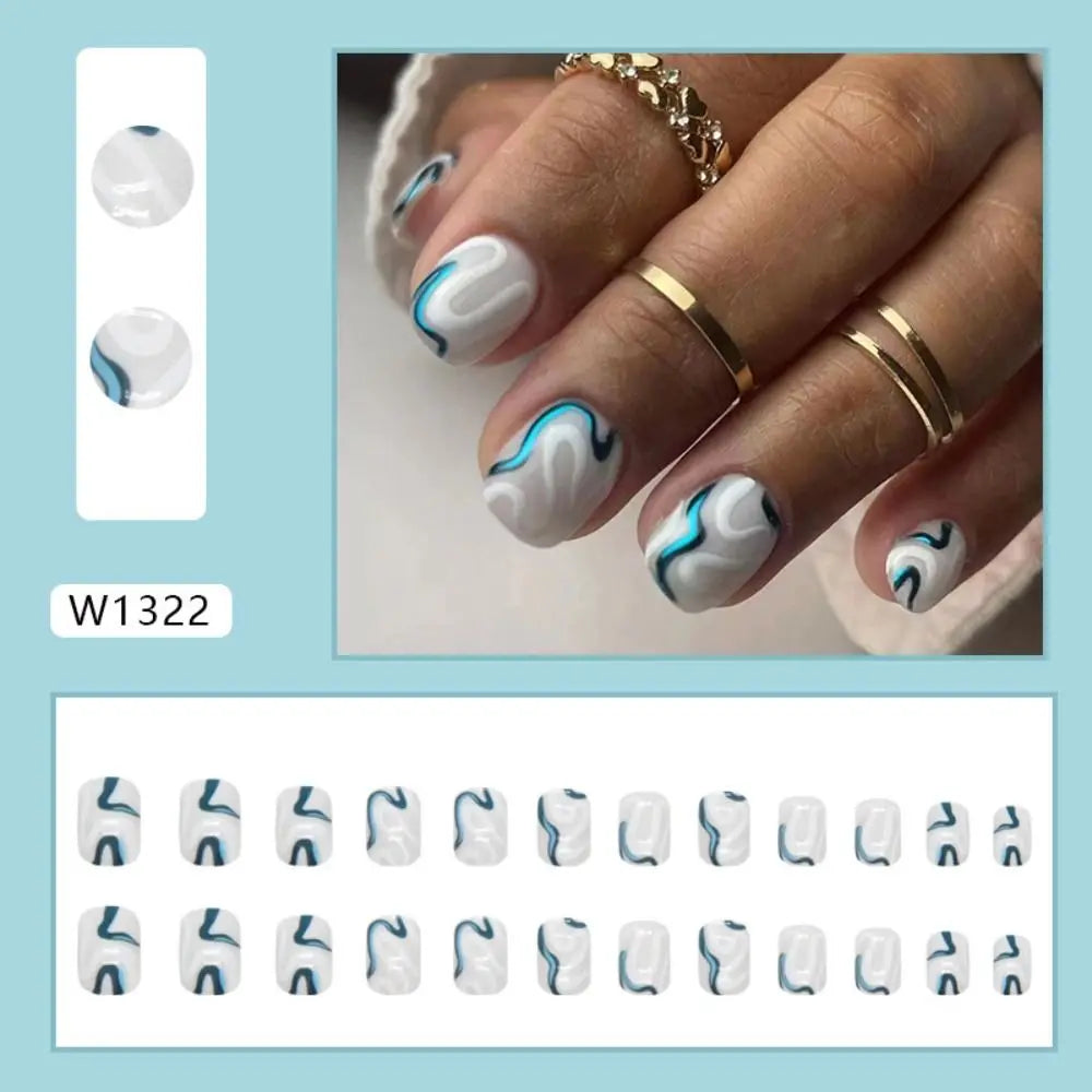 24pcs Short Round False Nails French Blue Sparkling Pearl White Wavy Love Heart Full Cover Detachable Press On Nail Tips