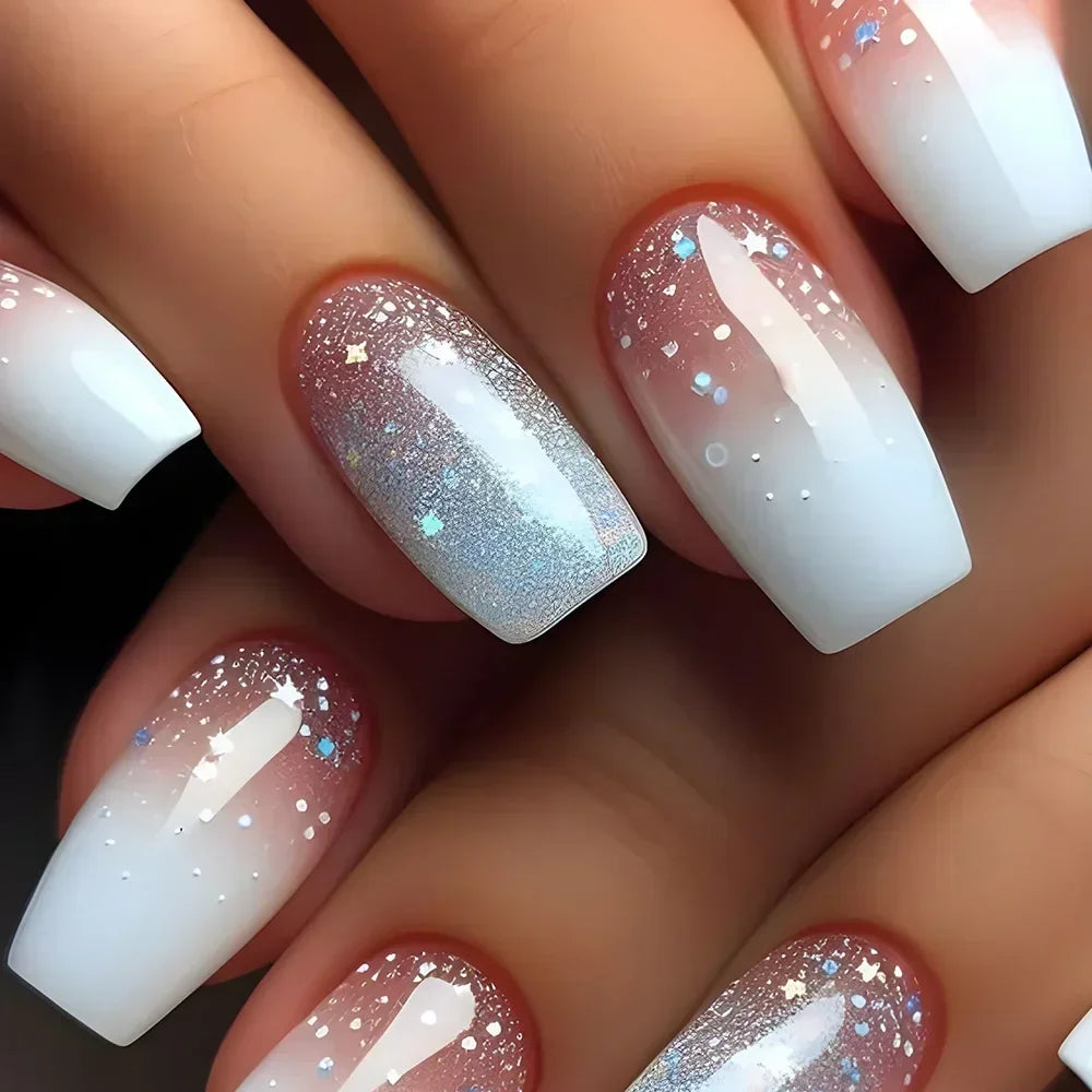 24Pcs Mini Flower Press on Nails Short Square False Nail Gradient Glitter Floral Fake Nail French Nails Press Ons Sweet Nail Art