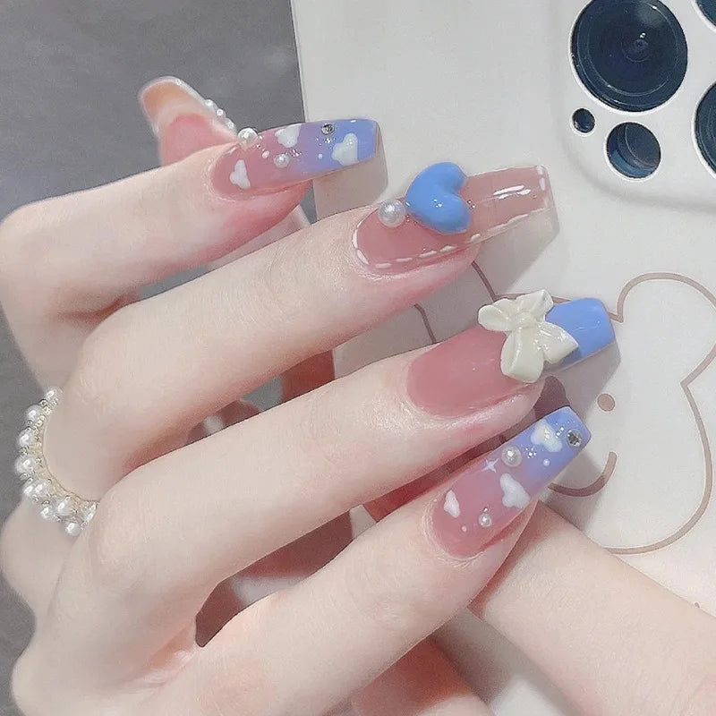 24Pcs Sanrio Blue Cinnamoroll Fake Nails Cute Anime Cartoon Kuromi My Melody press on False nails Fashion Nail Patches for Girls