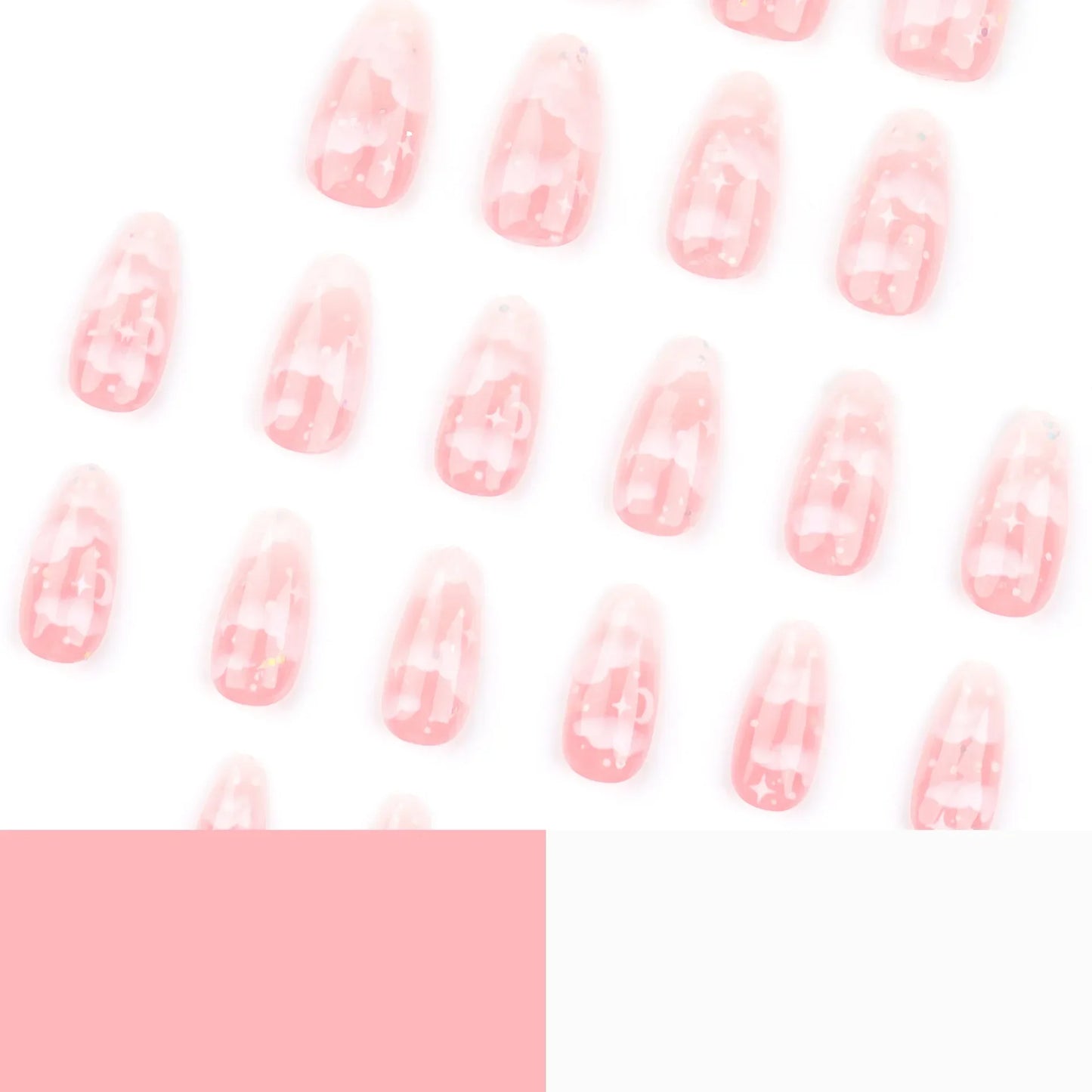 24Pcs Pink Cloud Sweet Star Moon Acrylic Nails Press on Almond Wearable Full Cover False Nails Art Tips Fingernail Beauty