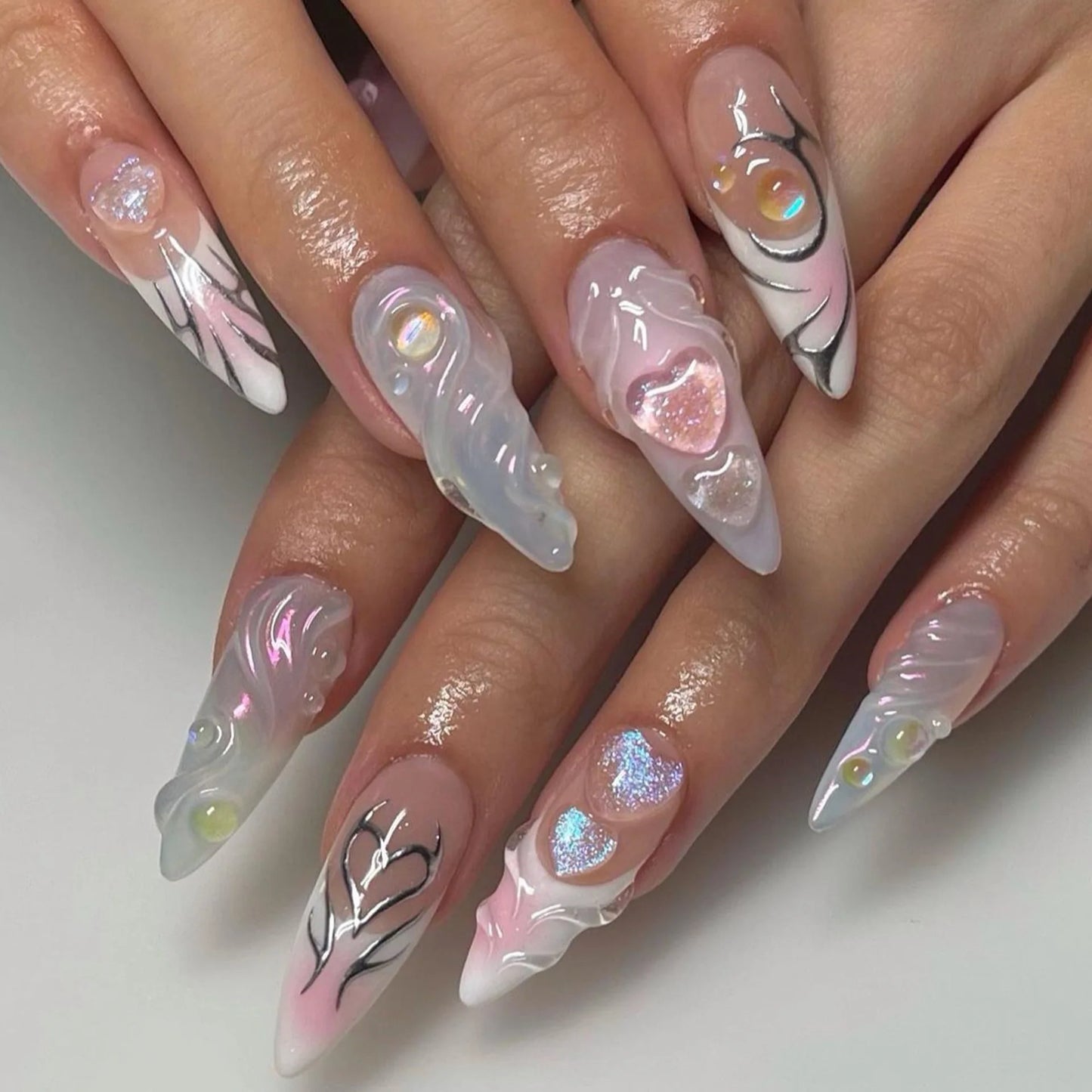24Pcs Pink Cloud Sweet Star Moon Acrylic Nails Press on Almond Wearable Full Cover False Nails Art Tips Fingernail Beauty