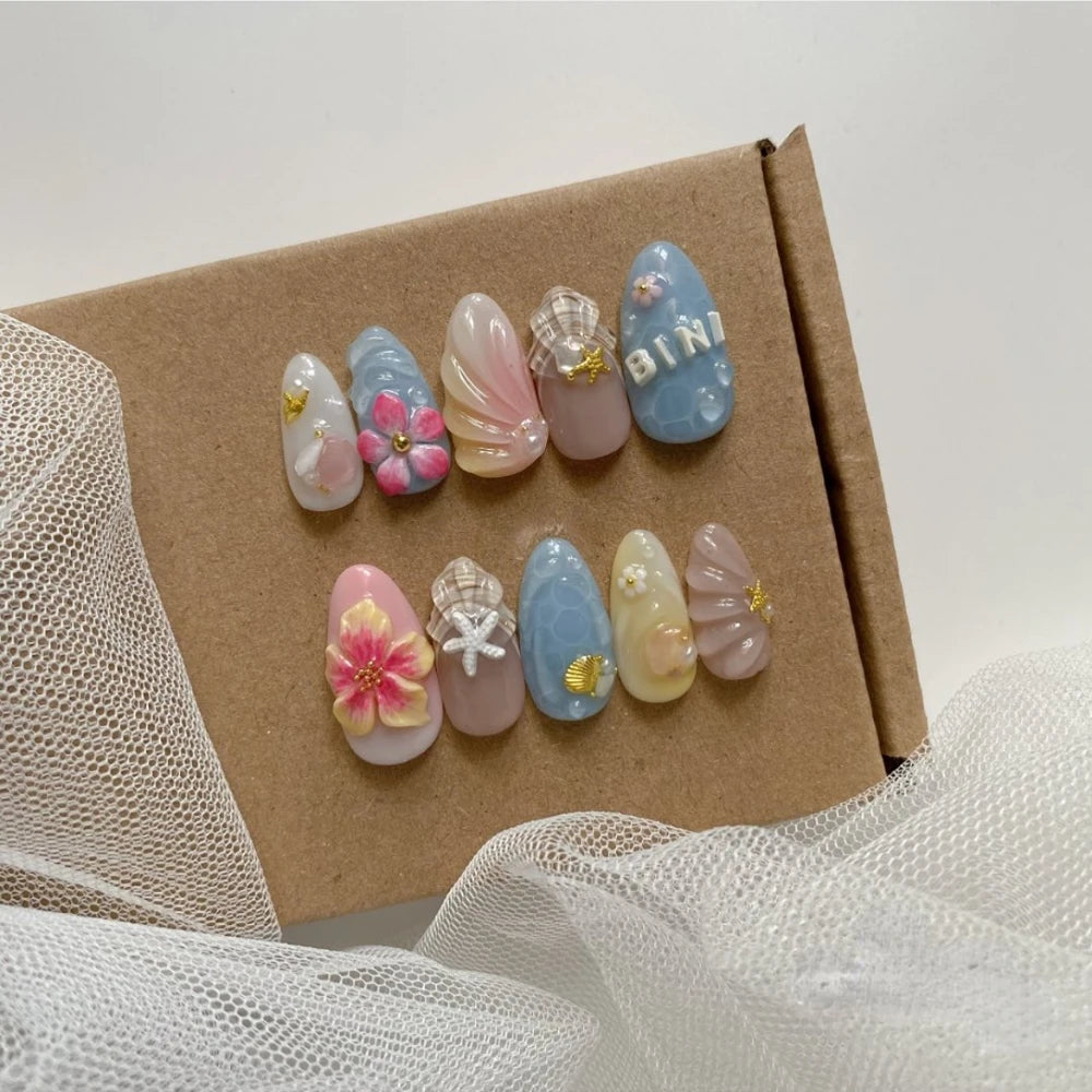 10Pcs Manicure Handmade Art Acyrlic Press on Nails Medium Almond  Pattern ABS Nails Cute 3D Flower Style Design Nail with Set