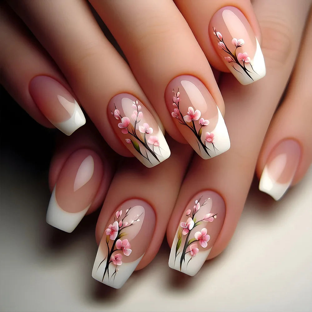 24Pcs Mini Flower Press on Nails Short Square False Nail Gradient Glitter Floral Fake Nail French Nails Press Ons Sweet Nail Art