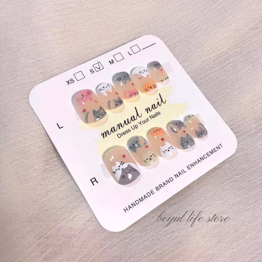 10pcs Kitty Graffiti Fake nails Nail tips Press on nails Soft gel tips nail Short nail False nails Half handmade nail art