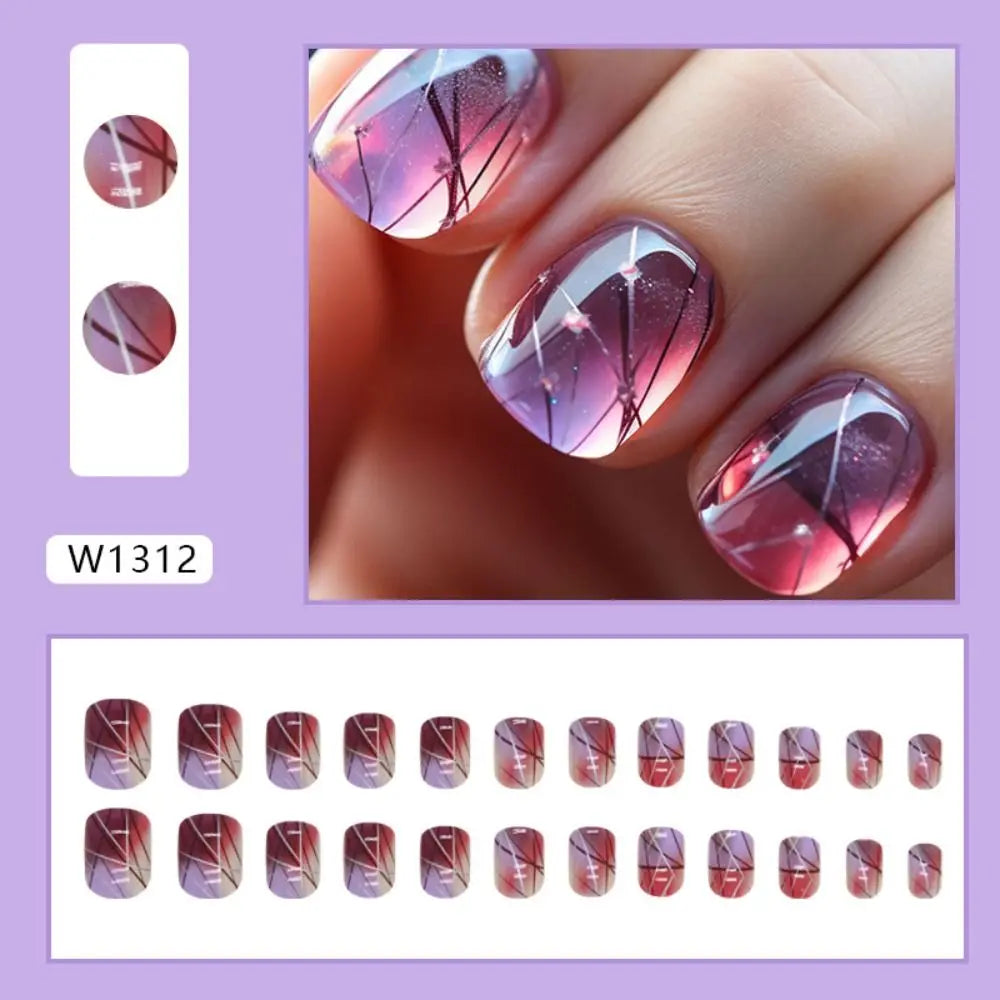 24pcs Short Round False Nails French Blue Sparkling Pearl White Wavy Love Heart Full Cover Detachable Press On Nail Tips