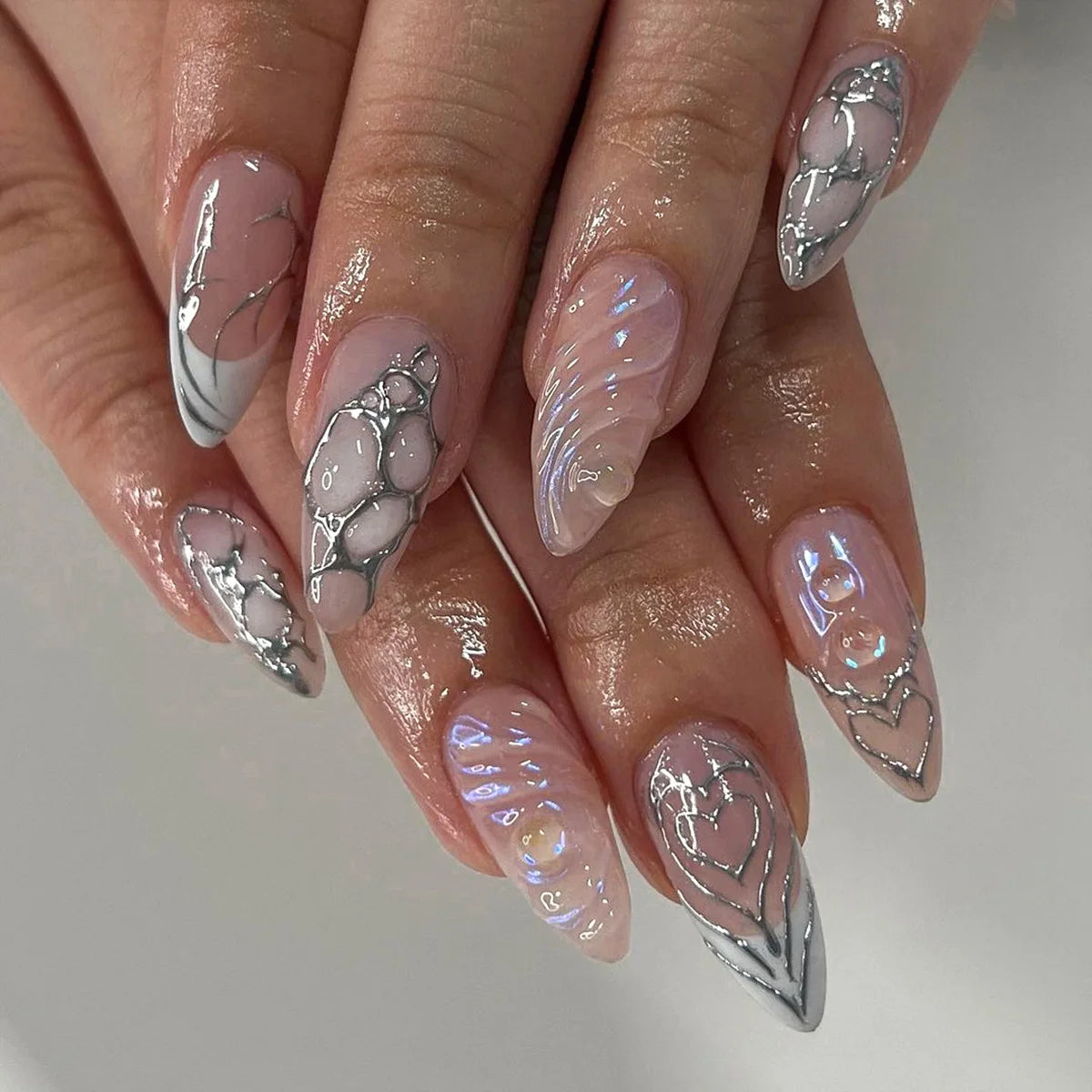 24Pcs Pink Cloud Sweet Star Moon Acrylic Nails Press on Almond Wearable Full Cover False Nails Art Tips Fingernail Beauty