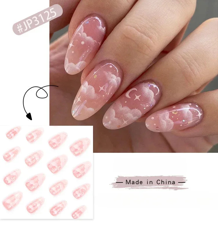 24Pcs Pink Cloud Sweet Star Moon Acrylic Nails Press on Almond Wearable Full Cover False Nails Art Tips Fingernail Beauty