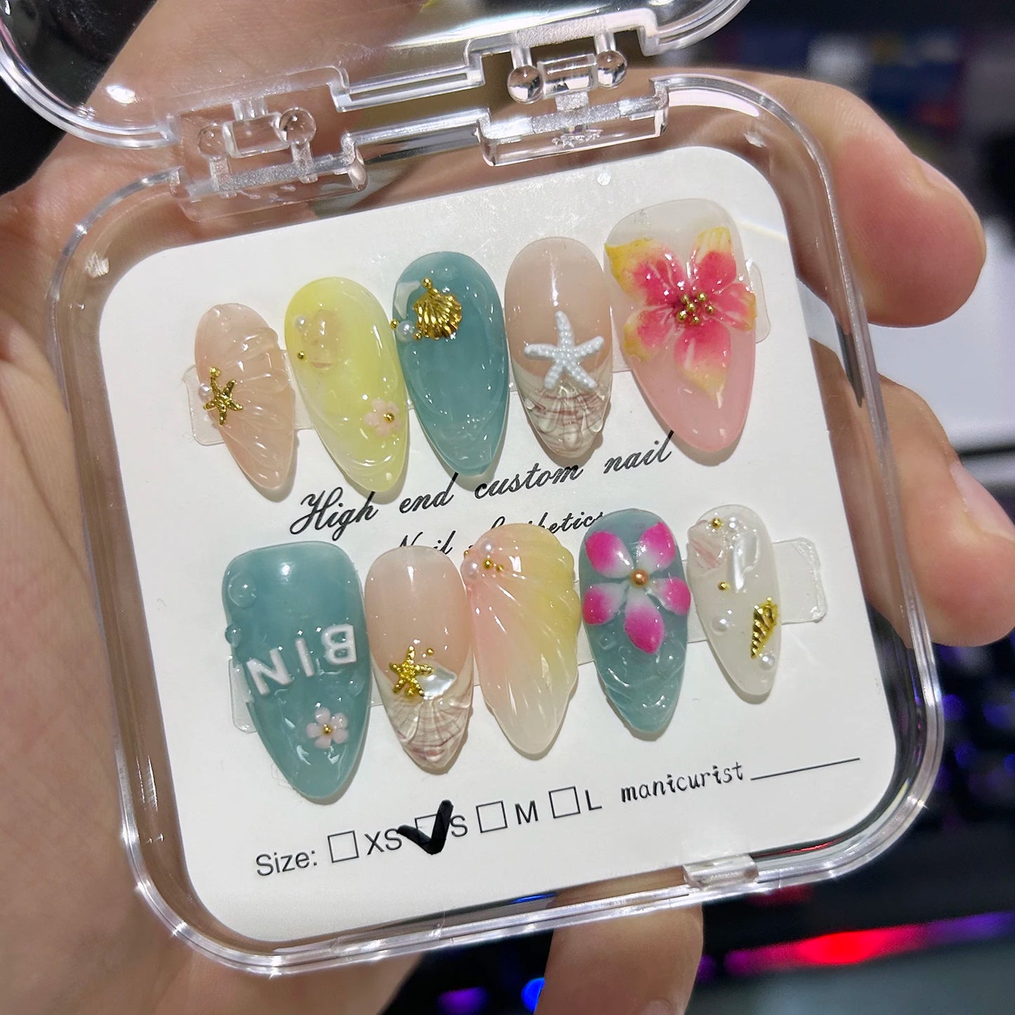 10Pcs Manicure Handmade Art Acyrlic Press on Nails Medium Almond  Pattern ABS Nails Cute 3D Flower Style Design Nail with Set