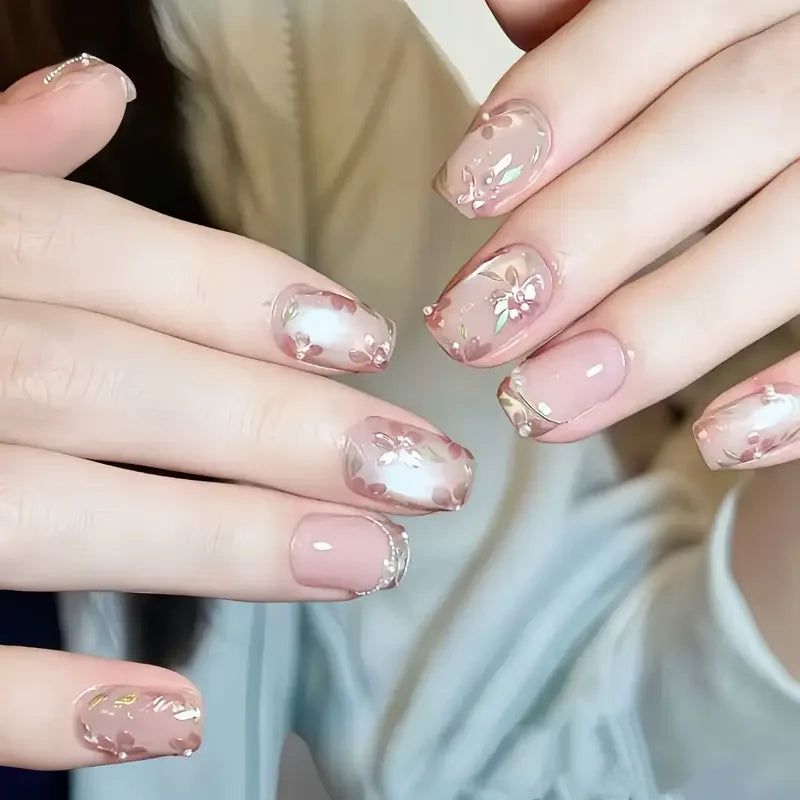 10Pcs/Set Press On Acyrlic Ice Cat's Eye Handmade Fake Nails Short/Medium Almond 3D Mirror Flower Pearls Decor Nude French Nails
