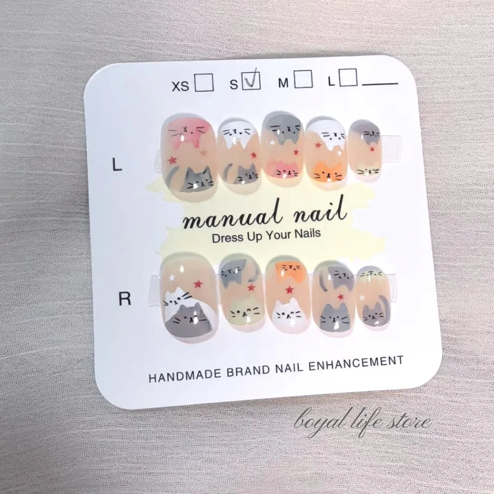 10pcs Kitty Graffiti Fake nails Nail tips Press on nails Soft gel tips nail Short nail False nails Half handmade nail art