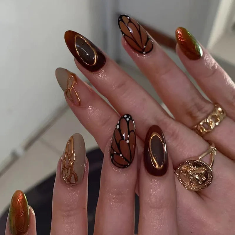 24Pcs Simple Dark Green Long 3D Press on Almond False Nails Wearable Finished Fingernails Nail Art