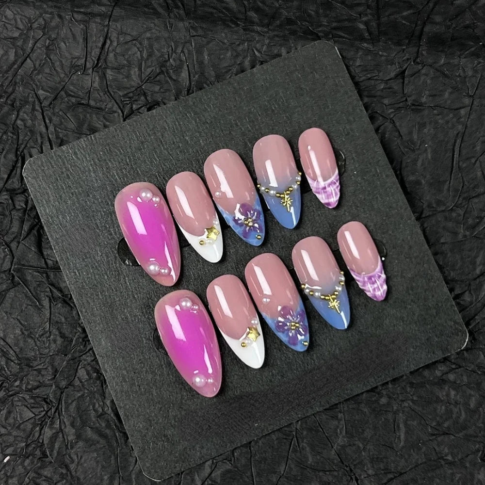 10Pcs Manicure Handmade Art Acyrlic Press on Nails Medium Almond  Pattern ABS Nails Cute 3D Flower Style Design Nail with Set