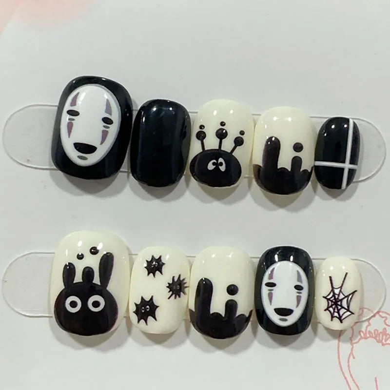 Black Handmade Short Press On Nails Full cover Cute Cartoon Manicuree Decoration Wearable Full With Design Acrylic Nail For Girl