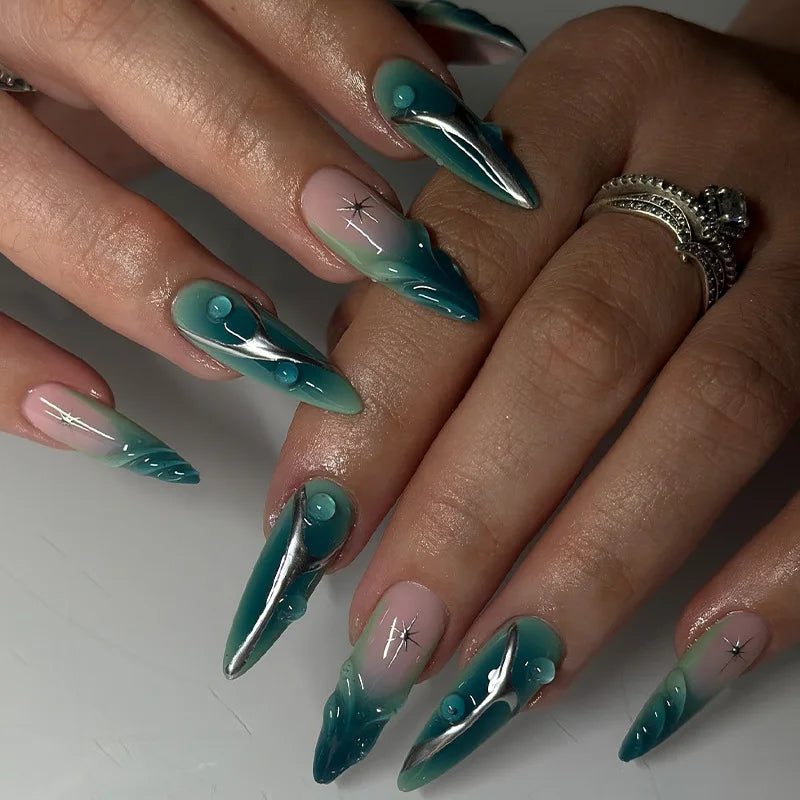 24Pcs Simple Dark Green Long 3D Press on Almond False Nails Wearable Finished Fingernails Nail Art