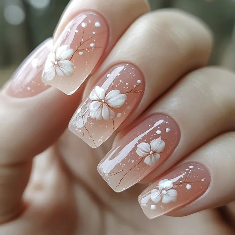 24Pcs Mini Flower Press on Nails Short Square False Nail Gradient Glitter Floral Fake Nail French Nails Press Ons Sweet Nail Art