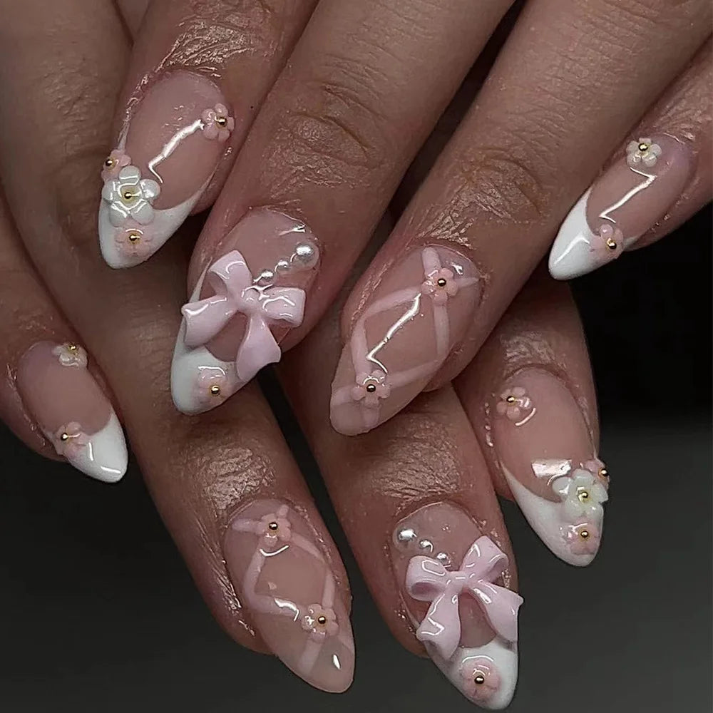24pcs Almond Press on Nails French False Nails Wearable Stick-on Nails Fake Nail Uñas Postizas Накладные Ногти 네일팁 Faux Ongles