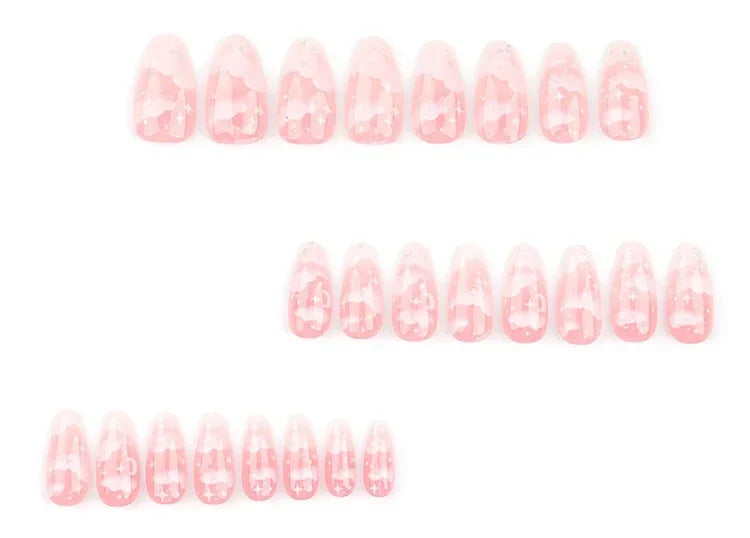 24Pcs Pink Cloud Sweet Star Moon Acrylic Nails Press on Almond Wearable Full Cover False Nails Art Tips Fingernail Beauty
